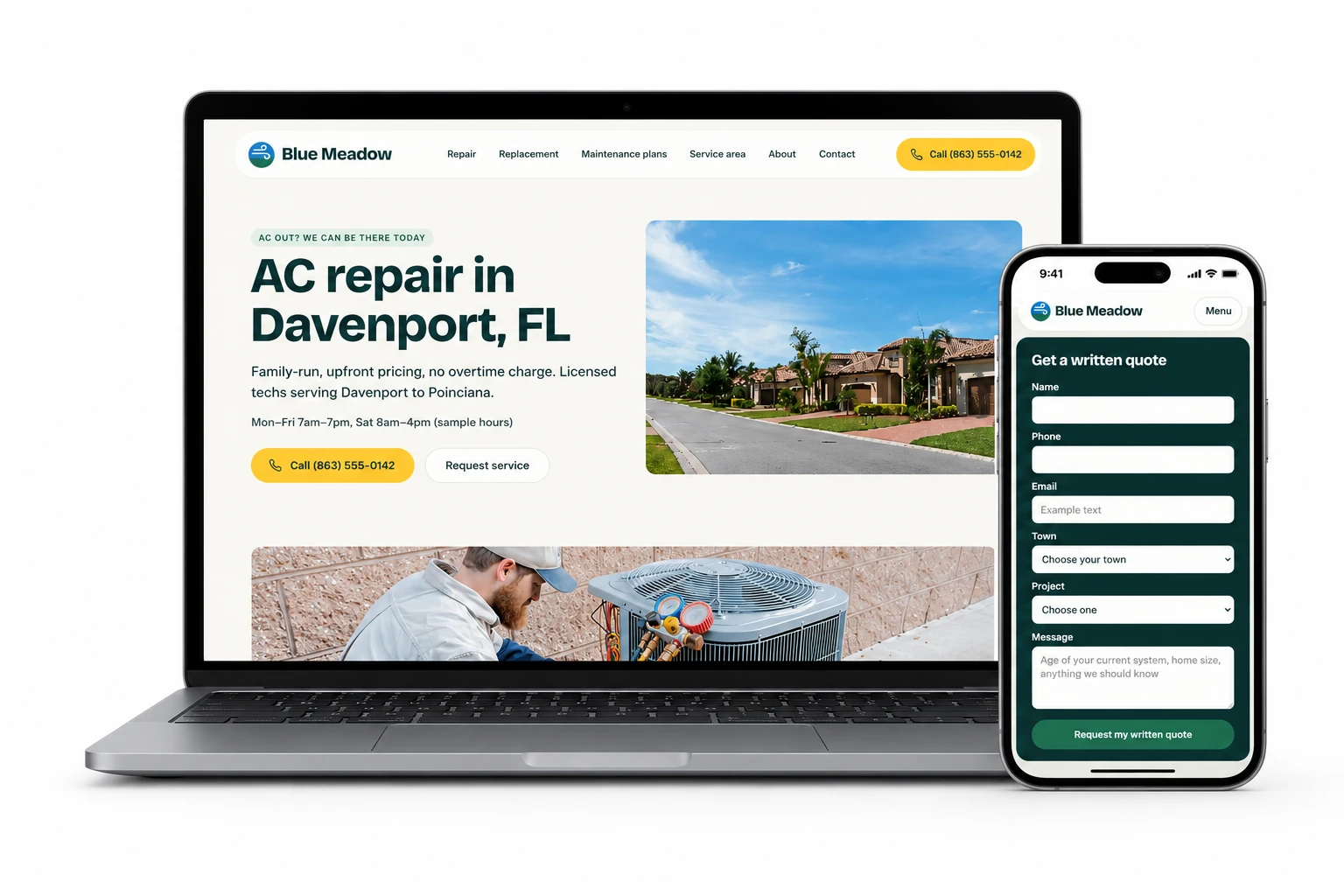 Blue Meadow HVAC concept site shown on a laptop and a phone