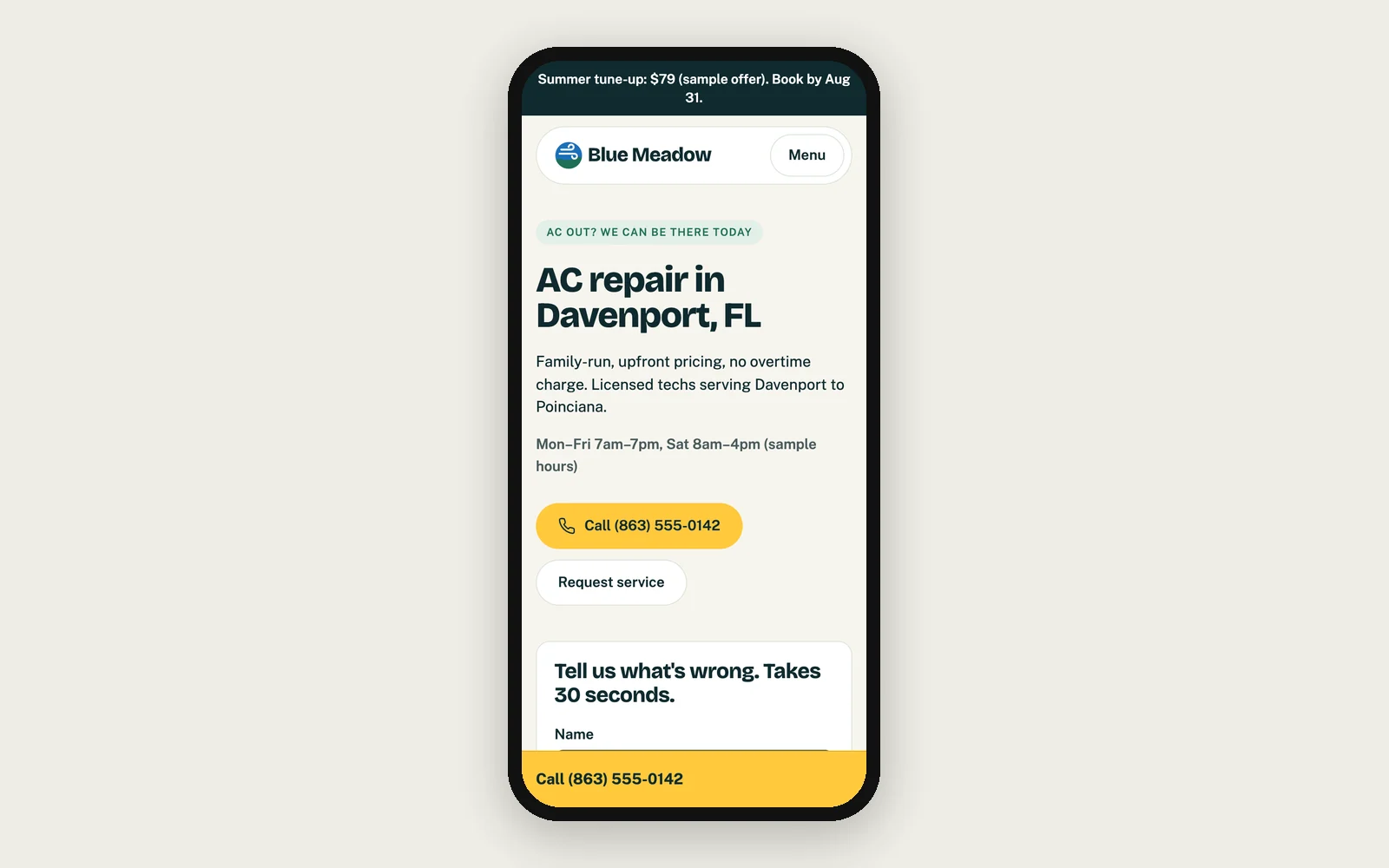 Blue Meadow home page on a phone: AC repair headline, yellow call button and the call bar pinned to the bottom