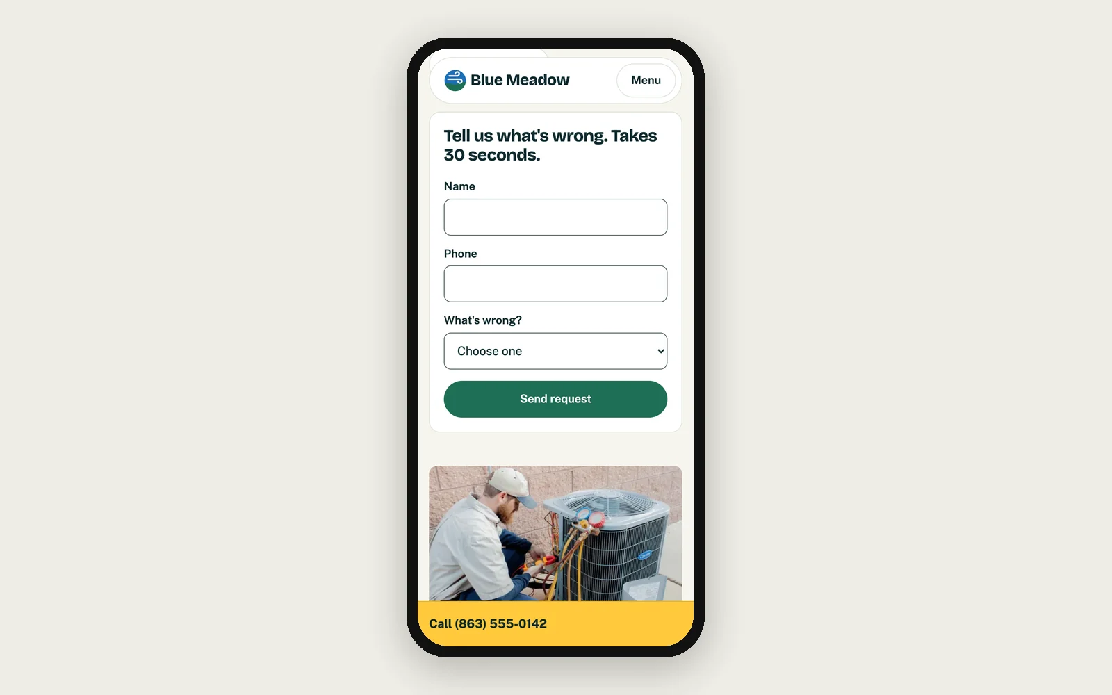 Blue Meadow emergency form on a phone: name, phone and what's wrong, with a Send request button