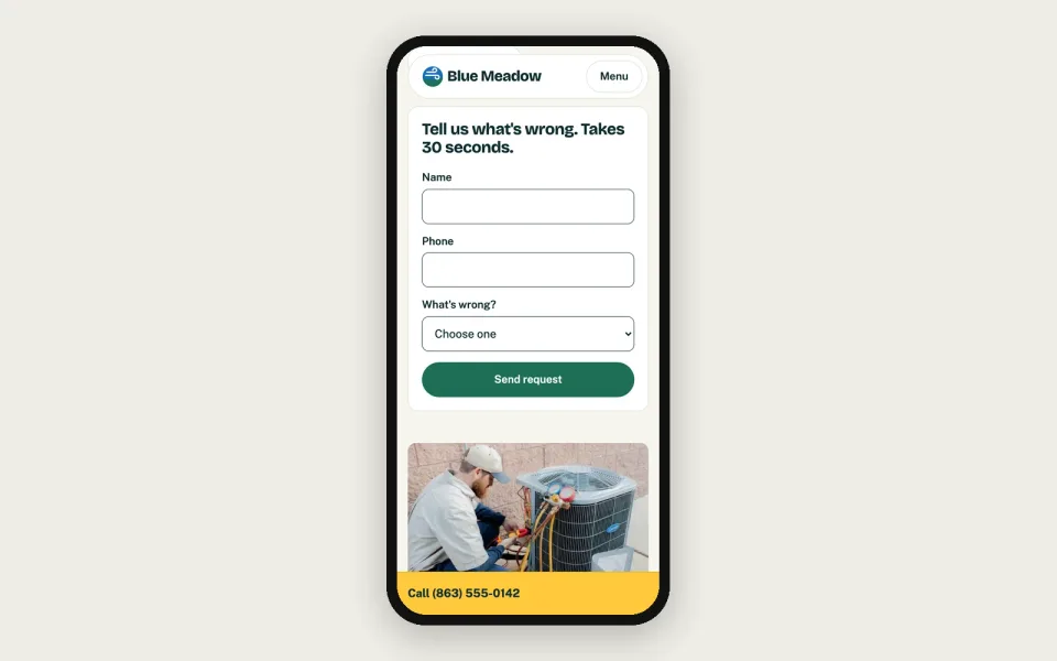 Blue Meadow emergency form on a phone: name, phone and what's wrong, with a Send request button