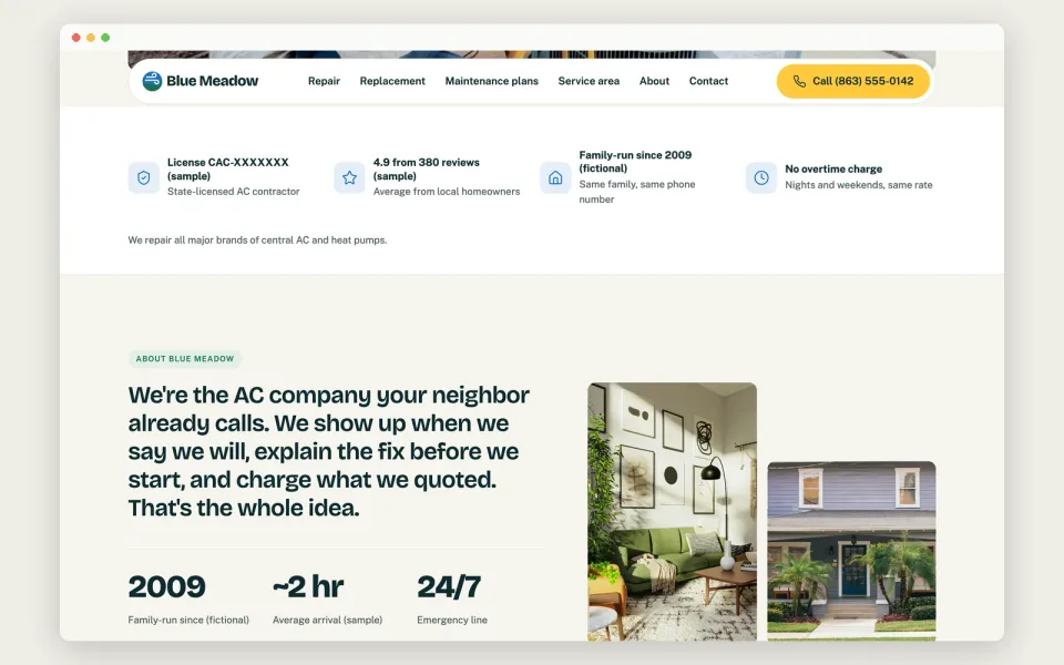 Blue Meadow trust strip on desktop: sample license, sample rating, family-run since 2009 and no overtime charge