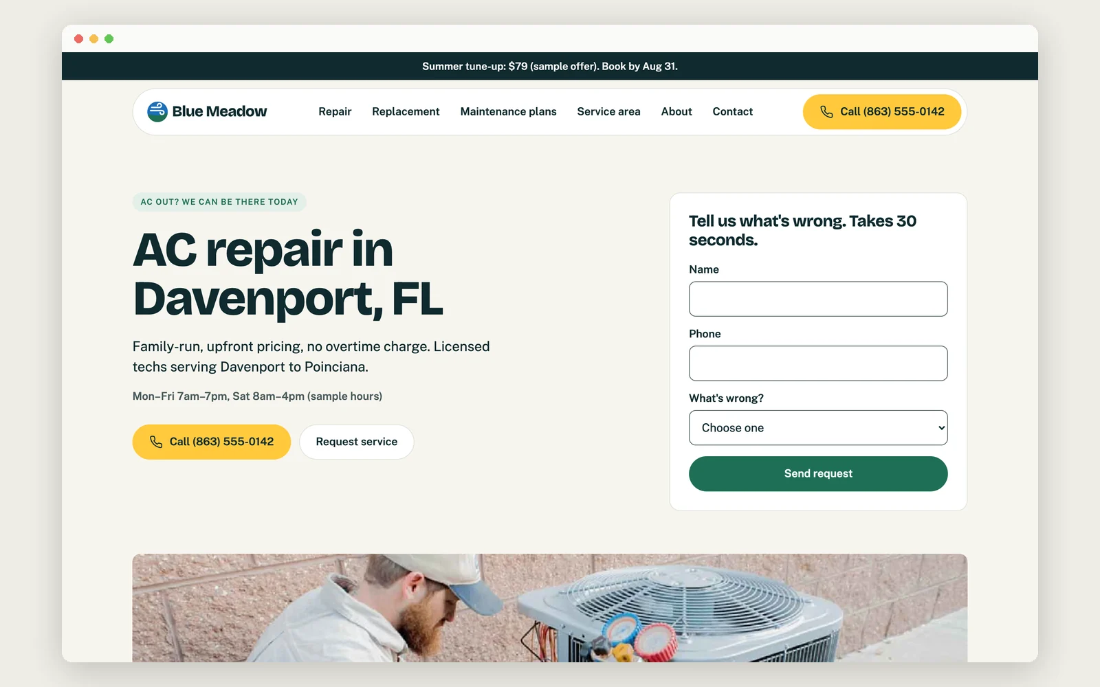 Blue Meadow home page on desktop: AC repair headline, call button, hours and the short emergency form