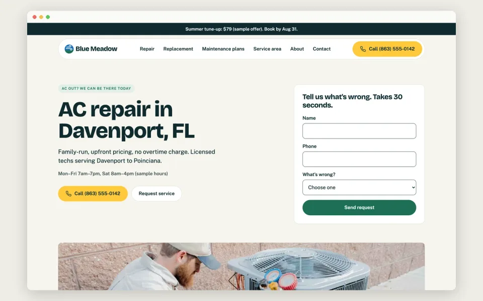 Blue Meadow home page on desktop: AC repair headline, call button, hours and the short emergency form