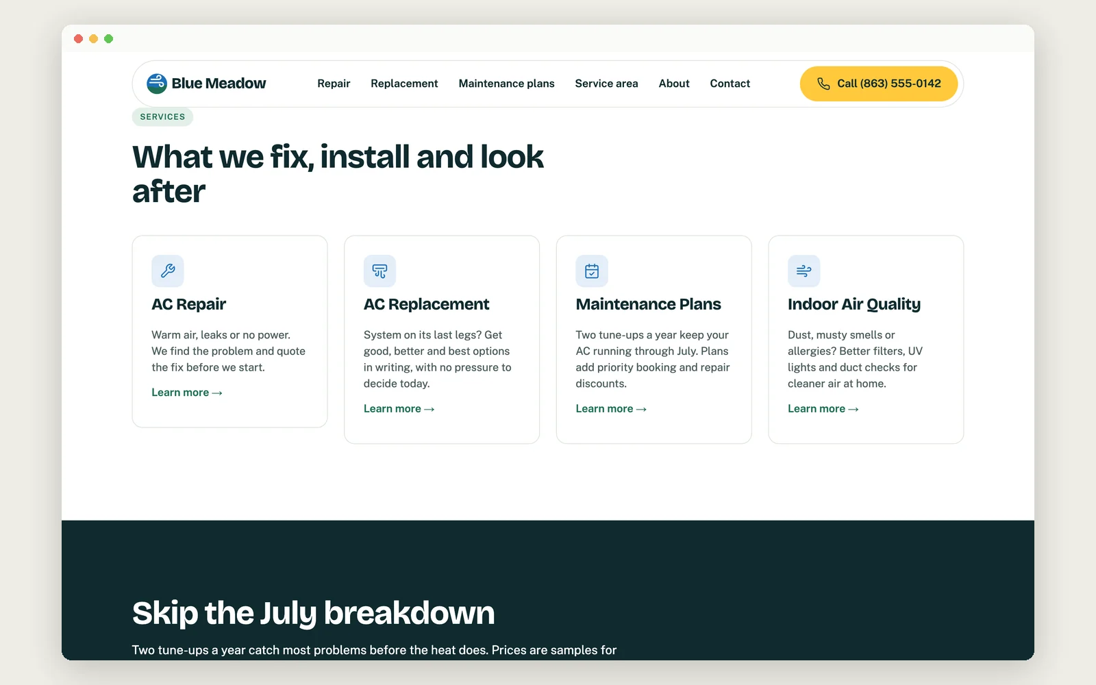 Blue Meadow services section on desktop: AC repair, AC replacement, maintenance plans and indoor air quality cards