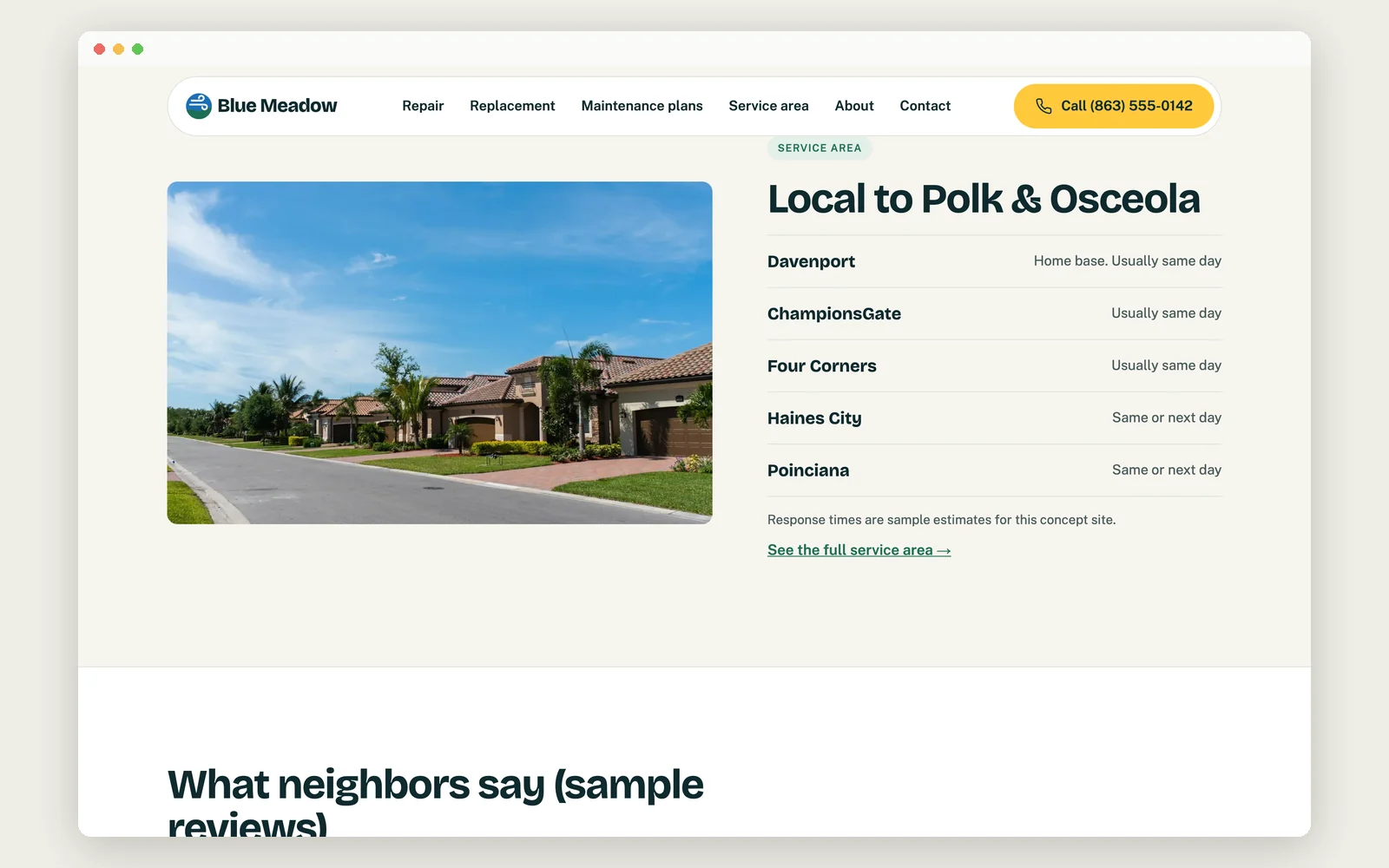 Blue Meadow service area on desktop: a palm-lined Florida street next to a list of towns and sample arrival times