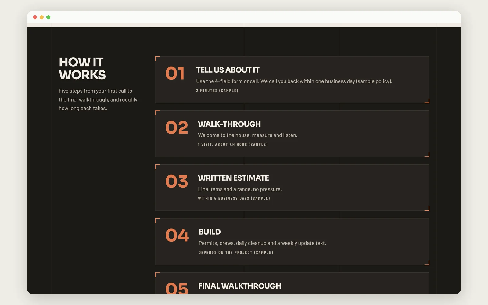 Ridgeline's five-step process on desktop, from the first call to the final walkthrough