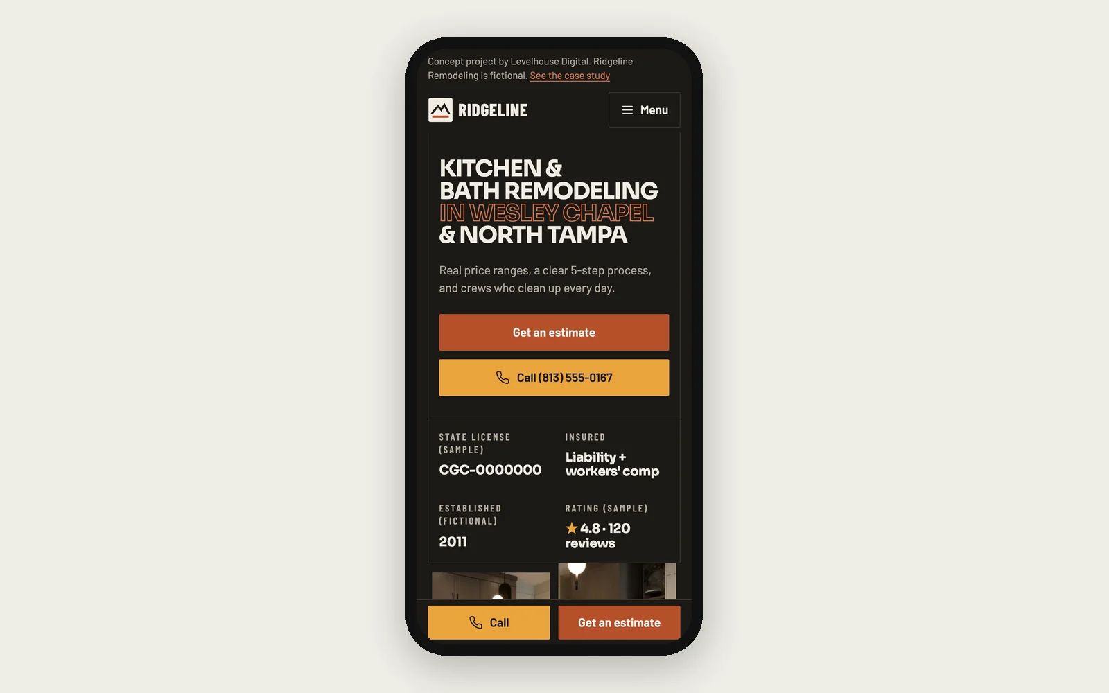 Ridgeline home page on a phone: headline, estimate and call buttons, and sample license and rating details